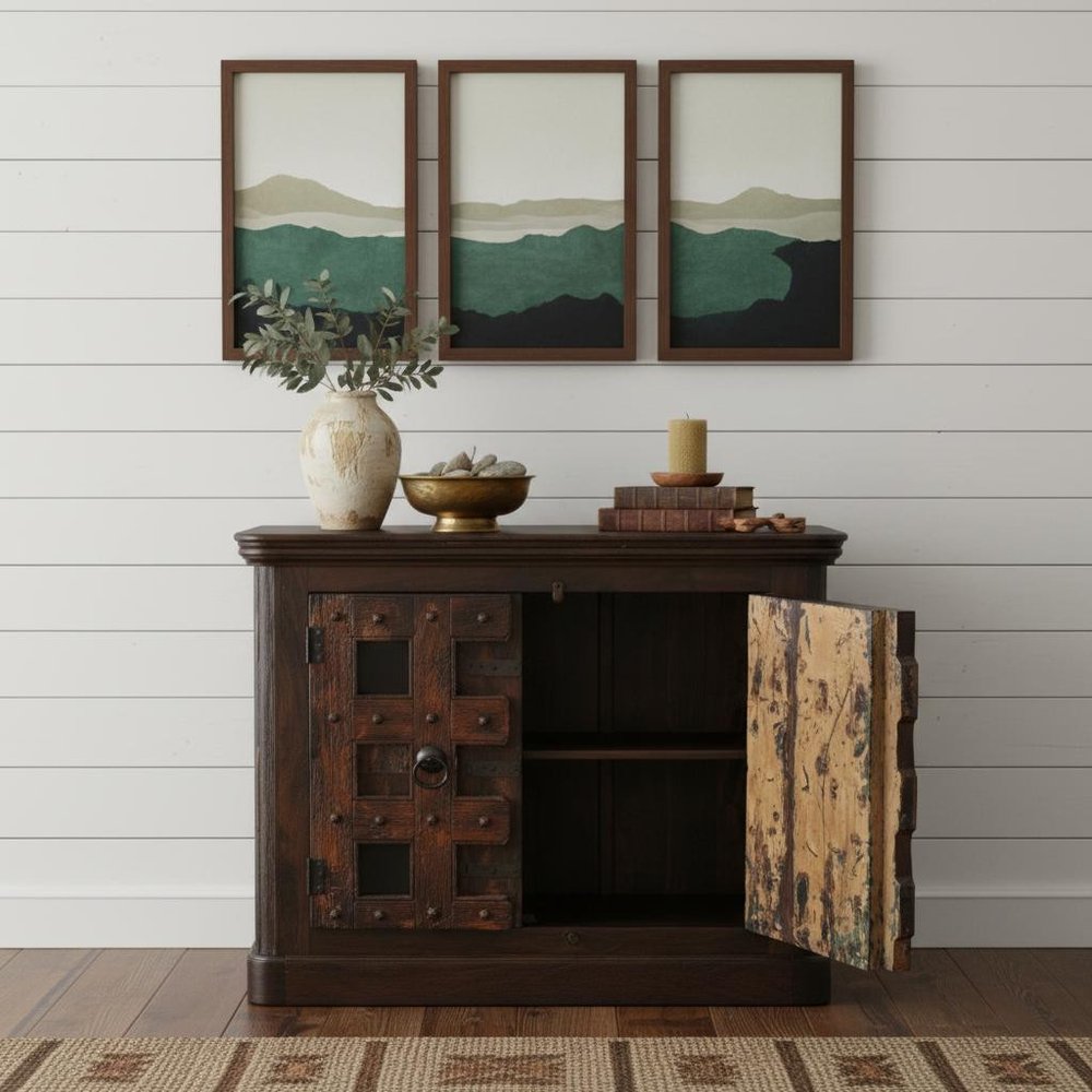 49" Dark Brown Distressed Solid Wood Carved Geometric Sideboard With Two Doors
