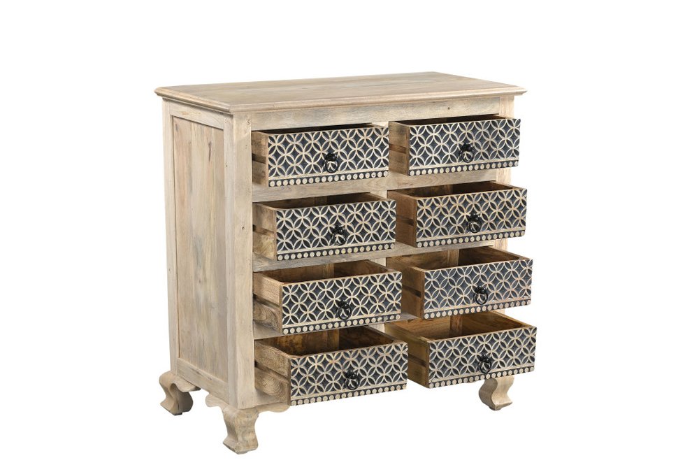 36" Black And White Carved Geometric Solid Wood Eight Drawer Double Dresser