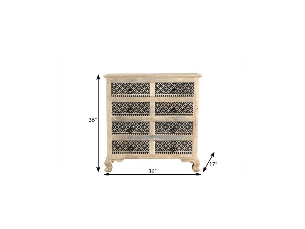 36" Black And White Carved Geometric Solid Wood Eight Drawer Double Dresser