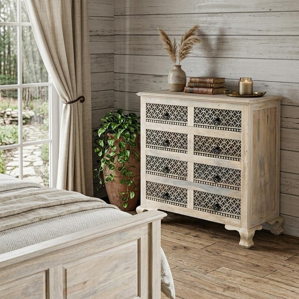36" Black And White Carved Geometric Solid Wood Eight Drawer Double Dresser