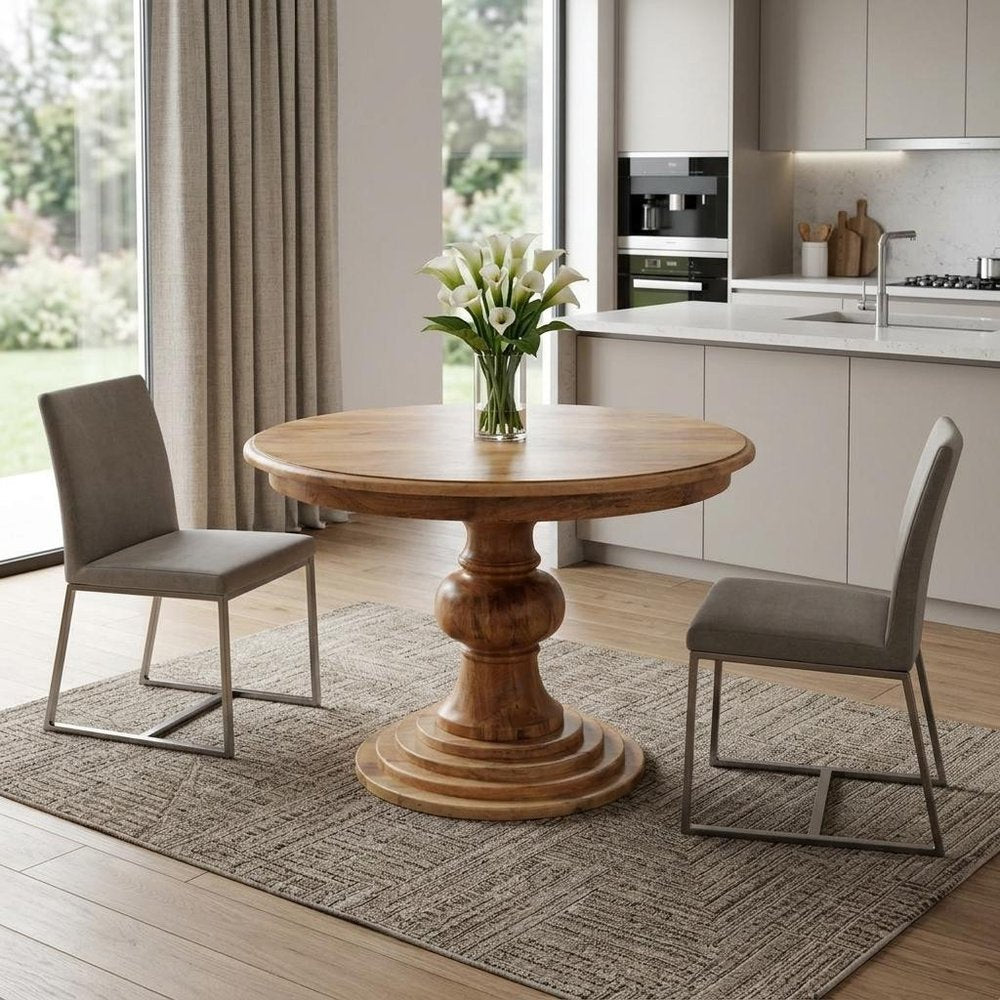 43" Brown Solid Wood Pedestal Base Round Top Dining Table