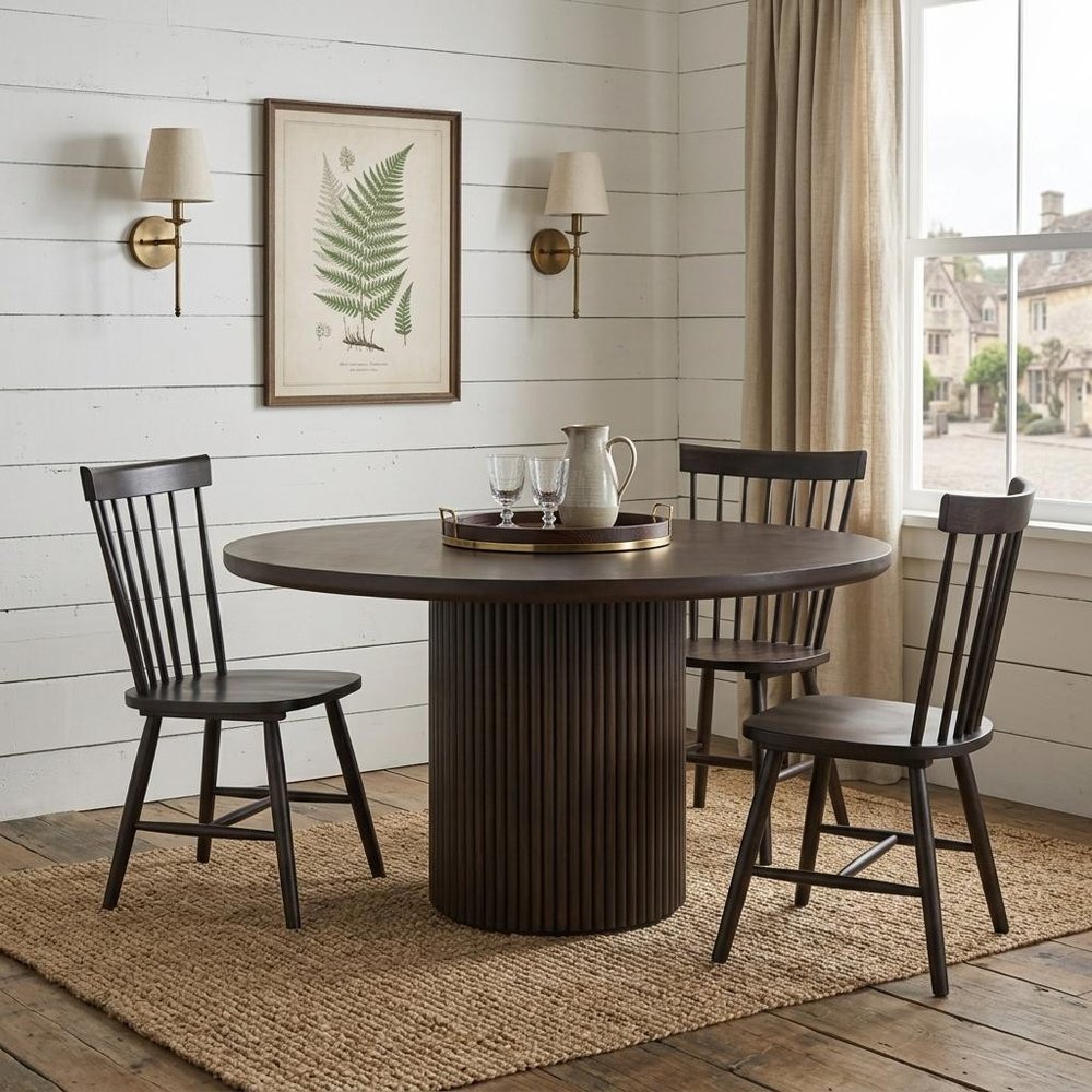 60" Dark Brown Solid Wood Pedestal Base Round Top Dining Table