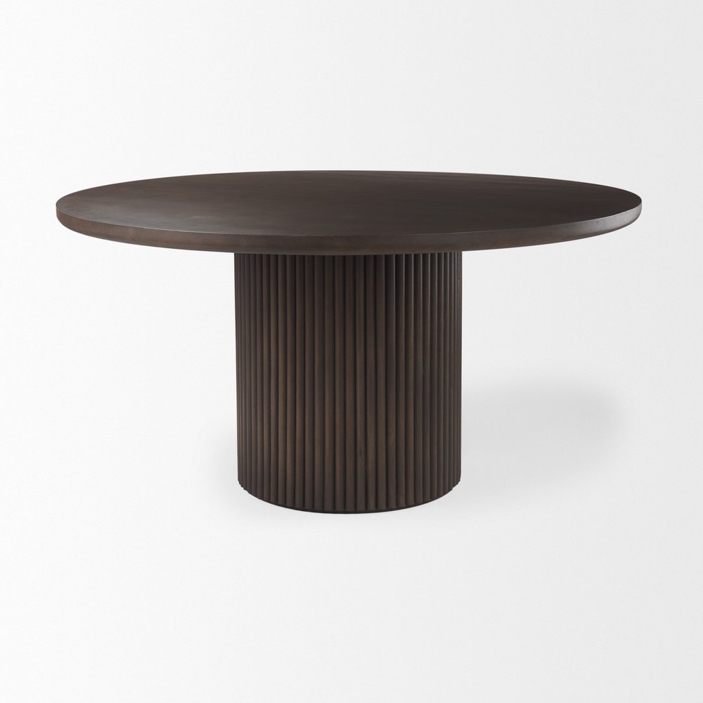 60" Dark Brown Solid Wood Pedestal Base Round Top Dining Table