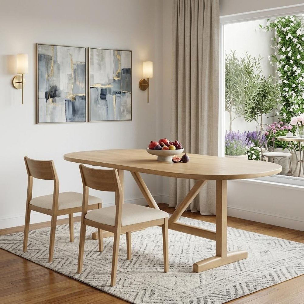 94" Light Brown Solid Wood Trestle Base Oval Dining Table