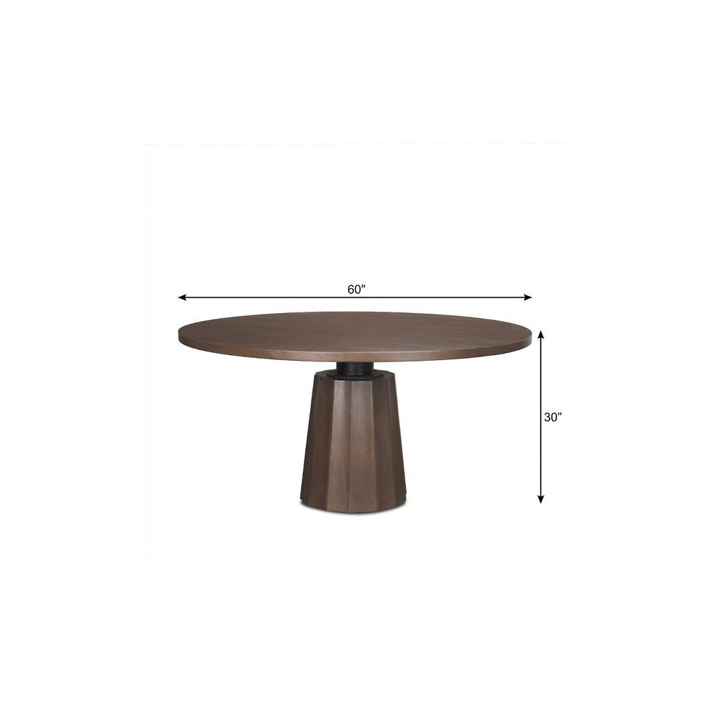 60" Dark Brown And Black Solid Wood And Iron Pedestal Base Round Top Dining Table