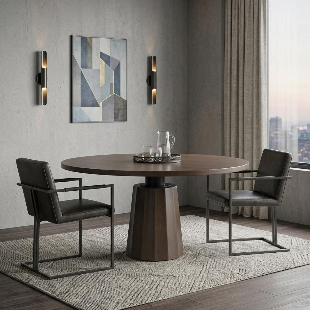 60" Dark Brown And Black Solid Wood And Iron Pedestal Base Round Top Dining Table