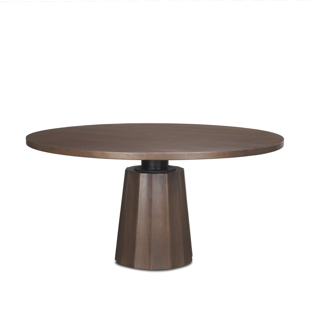 60" Dark Brown And Black Solid Wood And Iron Pedestal Base Round Top Dining Table