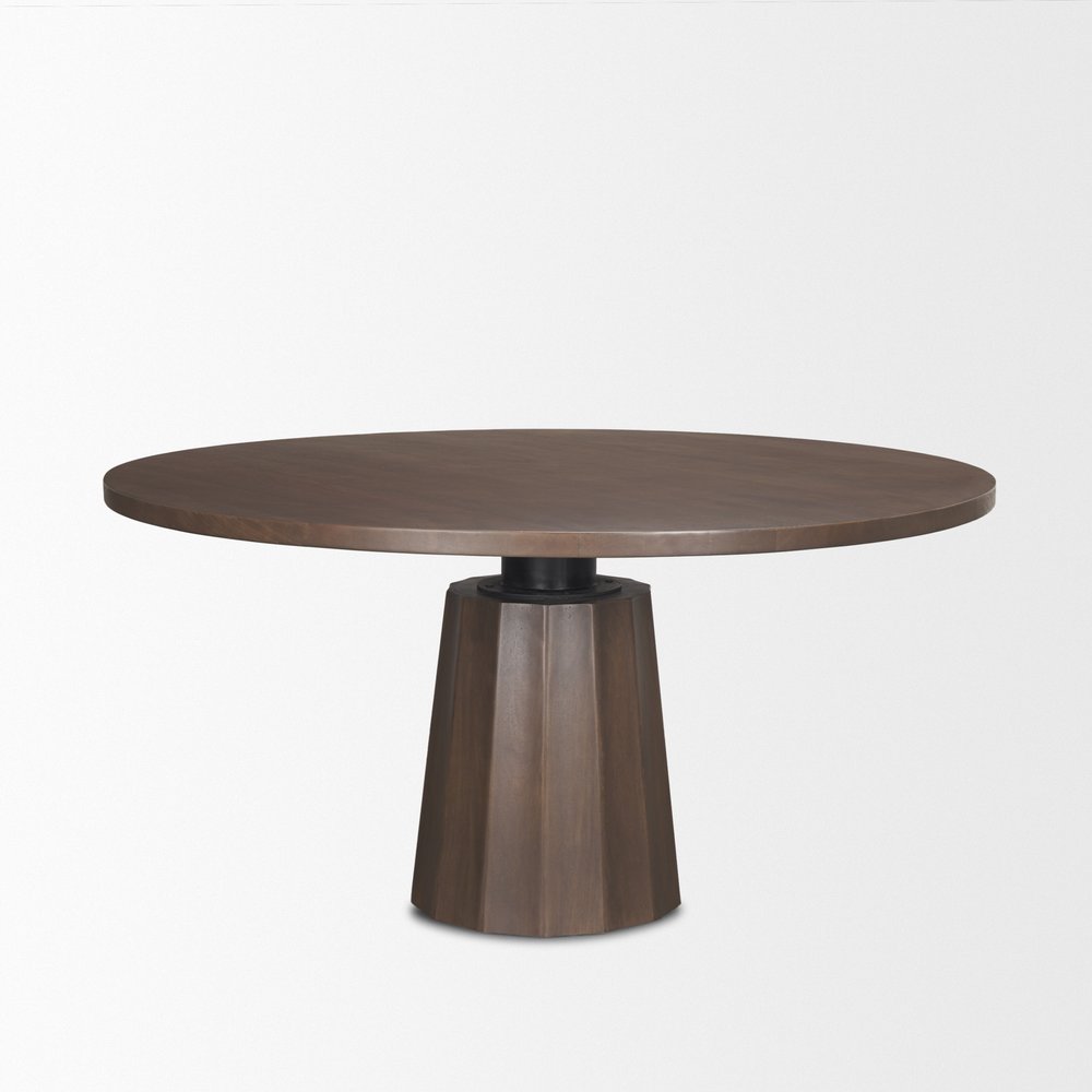60" Dark Brown And Black Solid Wood And Iron Pedestal Base Round Top Dining Table