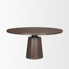 60" Dark Brown And Black Solid Wood And Iron Pedestal Base Round Top Dining Table