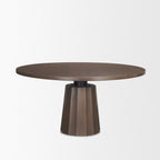 60" Dark Brown And Black Solid Wood And Iron Pedestal Base Round Top Dining Table