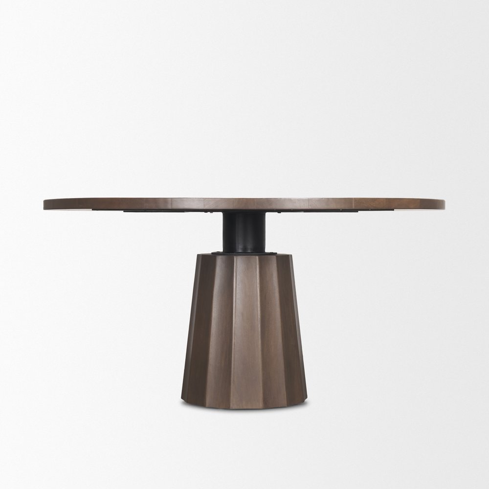 60" Dark Brown And Black Solid Wood And Iron Pedestal Base Round Top Dining Table