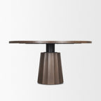 60" Dark Brown And Black Solid Wood And Iron Pedestal Base Round Top Dining Table