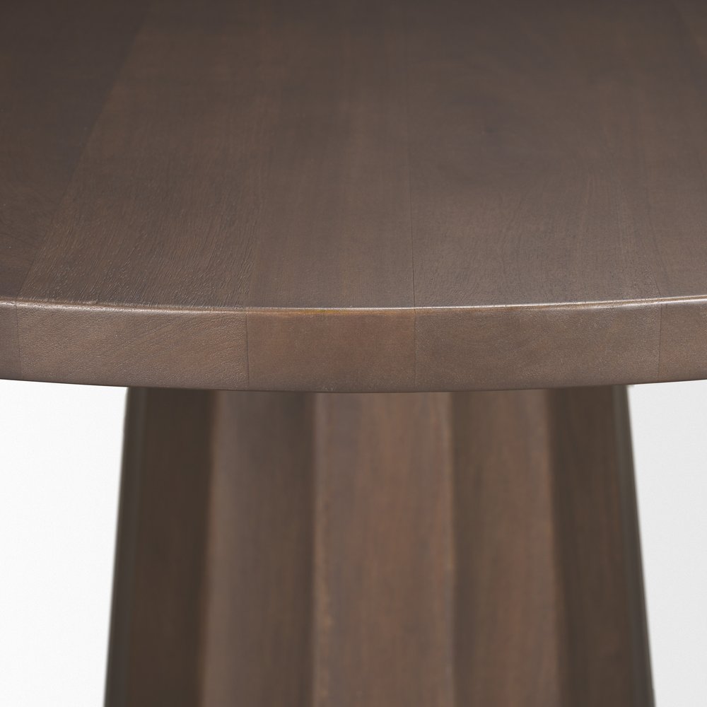 60" Dark Brown And Black Solid Wood And Iron Pedestal Base Round Top Dining Table