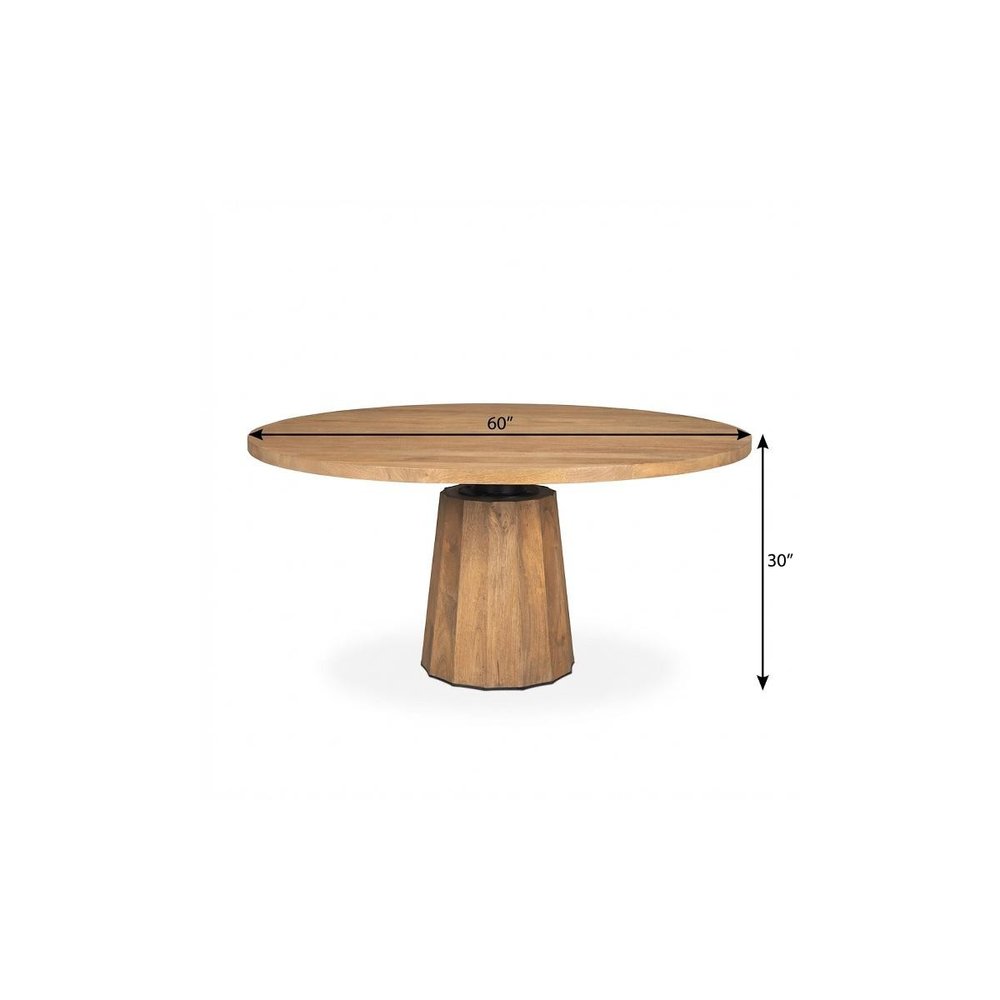60" Dark Brown And Black Solid Wood And Iron Pedestal Base Round Top Dining Table