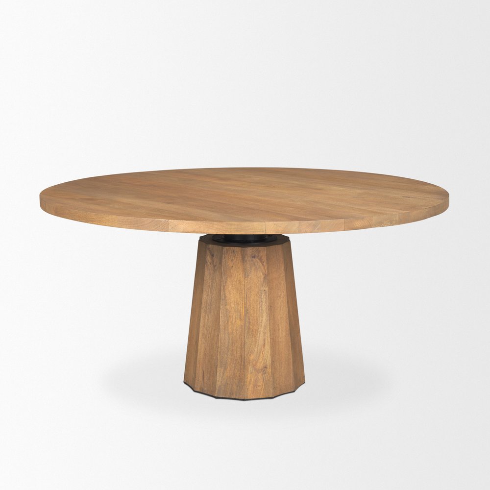60" Dark Brown And Black Solid Wood And Iron Pedestal Base Round Top Dining Table