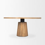 60" Dark Brown And Black Solid Wood And Iron Pedestal Base Round Top Dining Table
