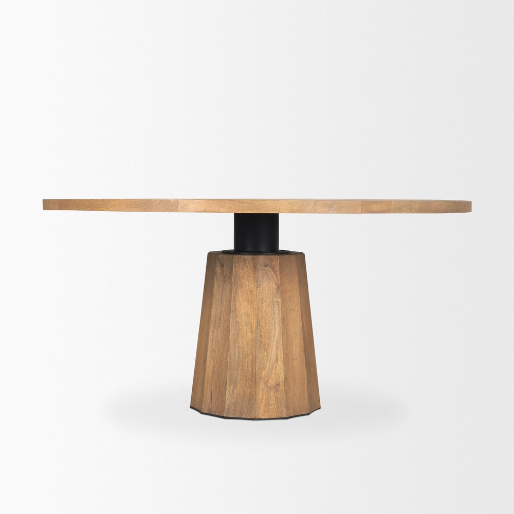 60" Dark Brown And Black Solid Wood And Iron Pedestal Base Round Top Dining Table