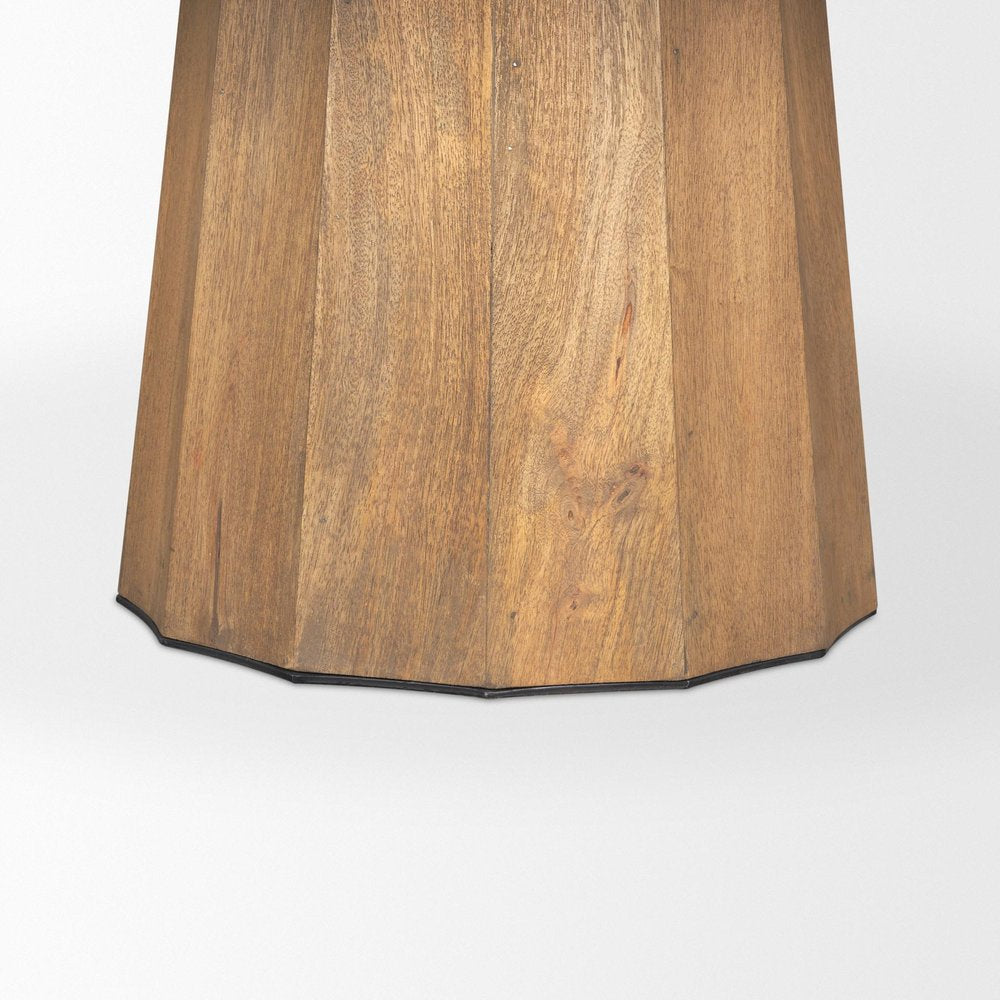 60" Dark Brown And Black Solid Wood And Iron Pedestal Base Round Top Dining Table
