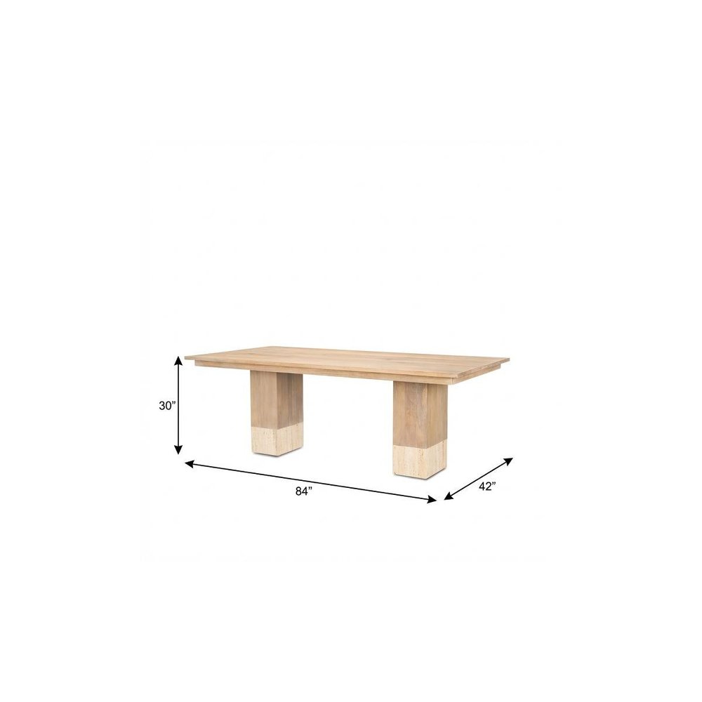 94" Natural And Beige Solid Wood And Marble Double Pedestal Base Dining Table