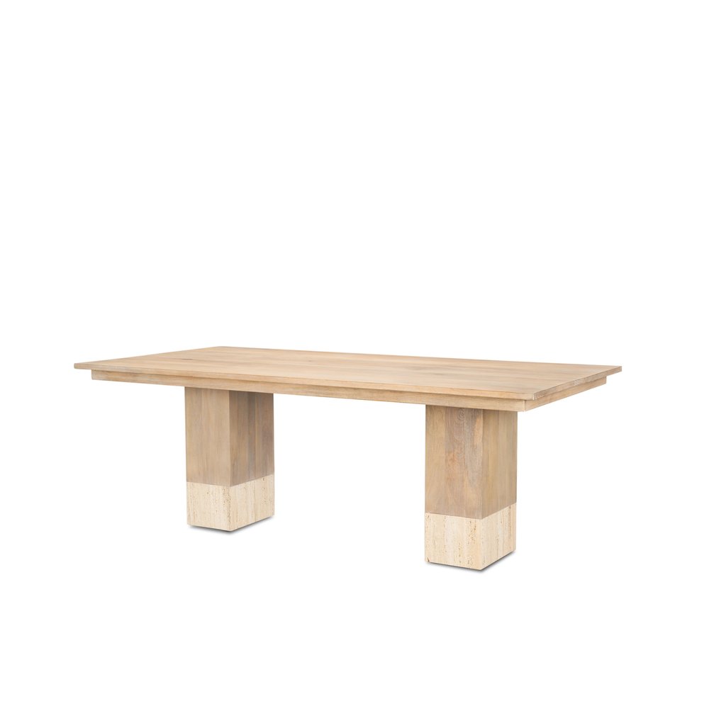 94" Natural And Beige Solid Wood And Marble Double Pedestal Base Dining Table