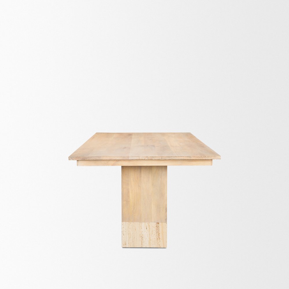 94" Natural And Beige Solid Wood And Marble Double Pedestal Base Dining Table