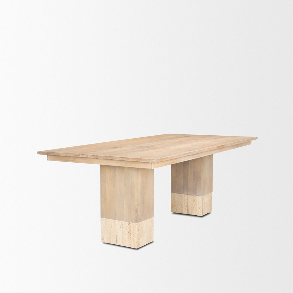 94" Natural And Beige Solid Wood And Marble Double Pedestal Base Dining Table