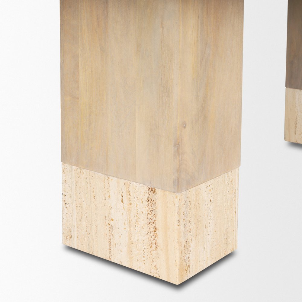 94" Natural And Beige Solid Wood And Marble Double Pedestal Base Dining Table