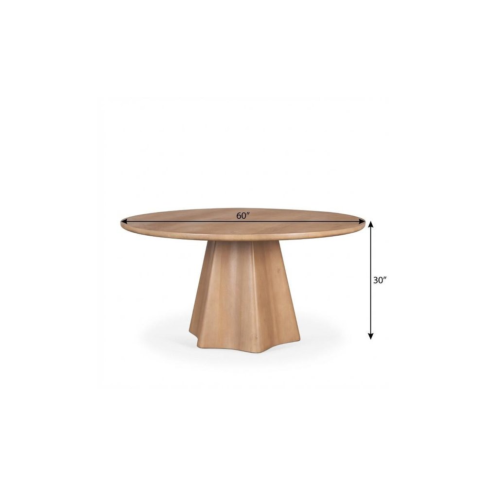 60" Light Brown Solid Wood Pedestal Base Round Top Dining Table