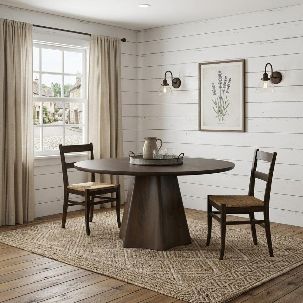 60" Light Brown Solid Wood Pedestal Base Round Top Dining Table