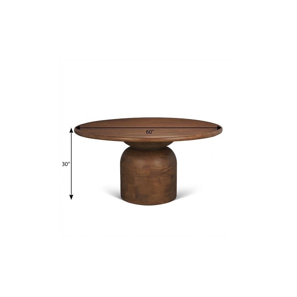 60" Brown Solid Wood Pedestal Base Round Top Dining Table