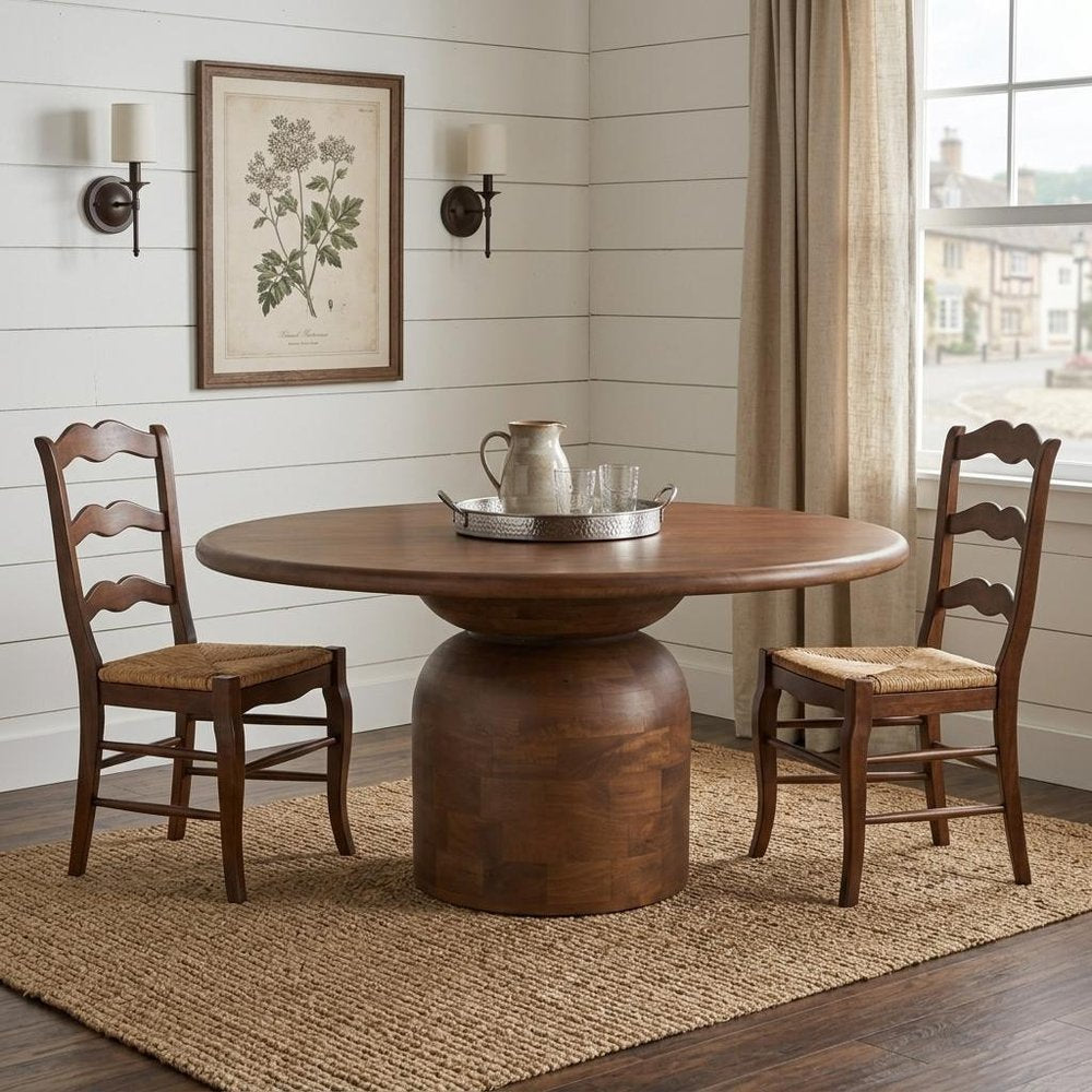 60" Brown Solid Wood Pedestal Base Round Top Dining Table
