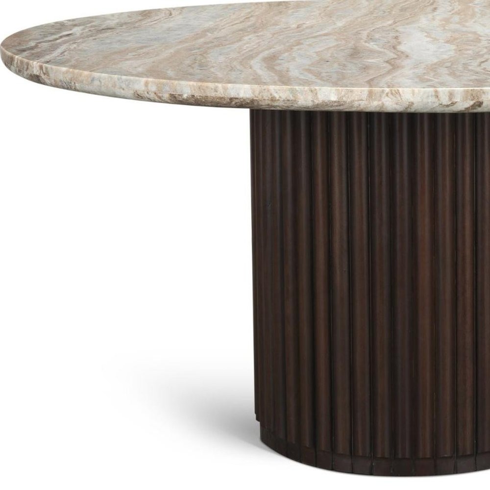 60" Gray Pastel Pink And Espresso Marble And Solid Wood Pedestal Base Round Top Dining Table