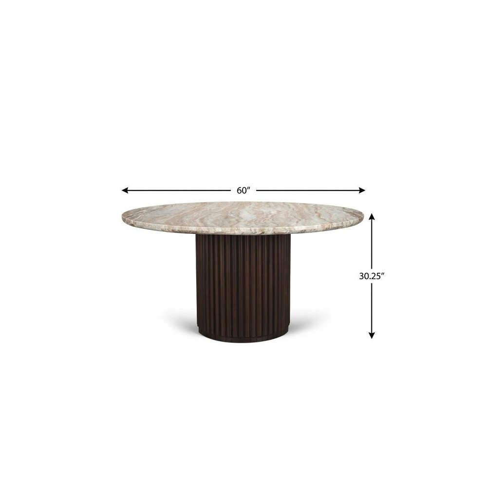 60" Gray Pastel Pink And Espresso Marble And Solid Wood Pedestal Base Round Top Dining Table