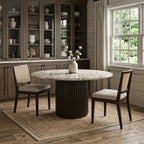 60" Gray Pastel Pink And Espresso Marble And Solid Wood Pedestal Base Round Top Dining Table