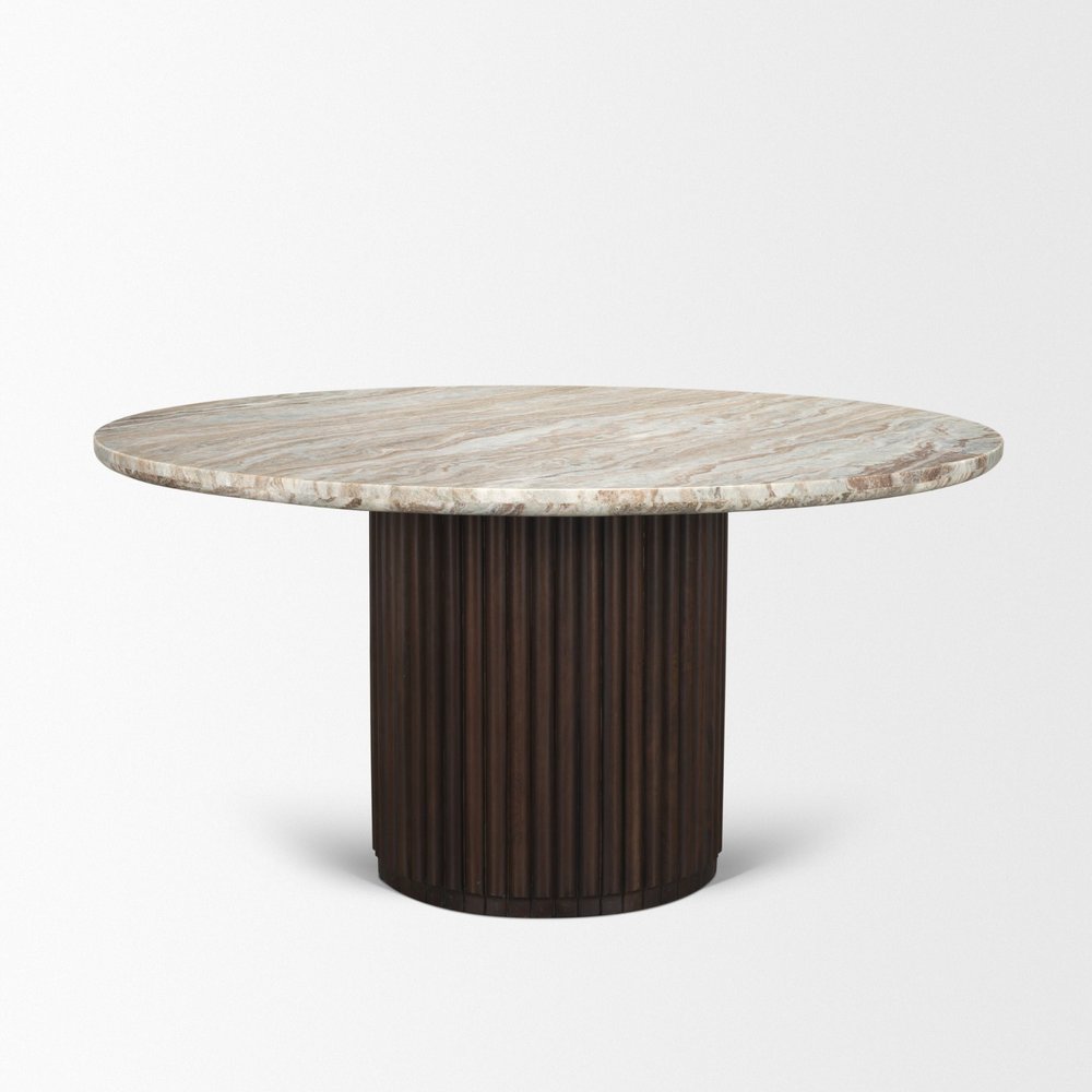 60" Gray Pastel Pink And Espresso Marble And Solid Wood Pedestal Base Round Top Dining Table