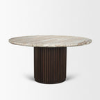 60" Gray Pastel Pink And Espresso Marble And Solid Wood Pedestal Base Round Top Dining Table
