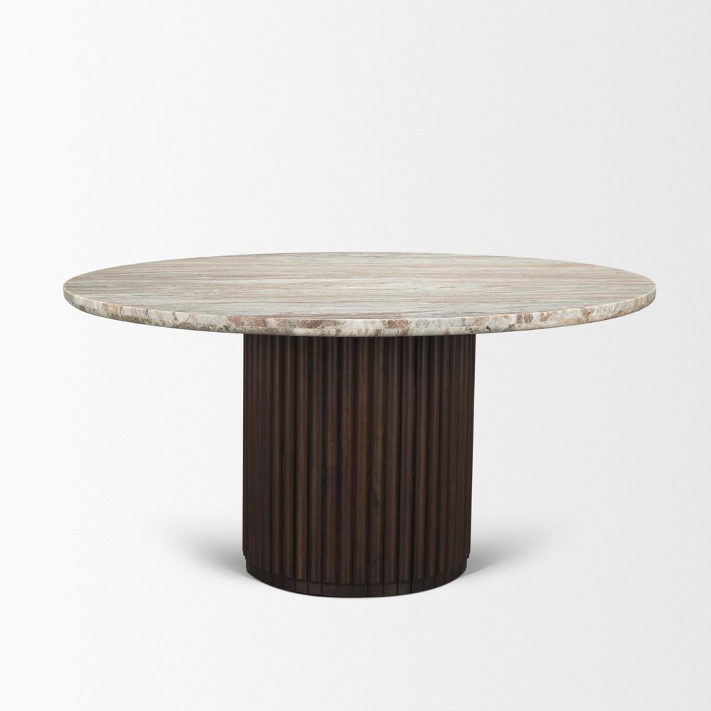 60" Gray Pastel Pink And Espresso Marble And Solid Wood Pedestal Base Round Top Dining Table