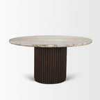 60" Gray Pastel Pink And Espresso Marble And Solid Wood Pedestal Base Round Top Dining Table