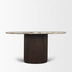 60" Gray Pastel Pink And Espresso Marble And Solid Wood Pedestal Base Round Top Dining Table
