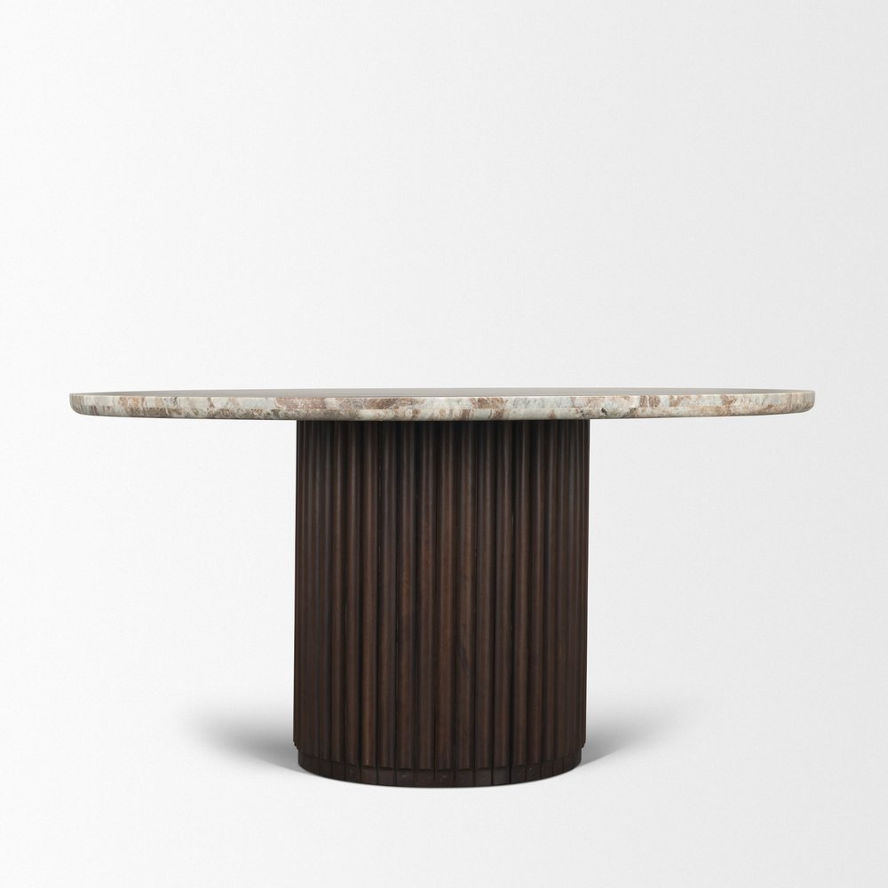 60" Gray Pastel Pink And Espresso Marble And Solid Wood Pedestal Base Round Top Dining Table