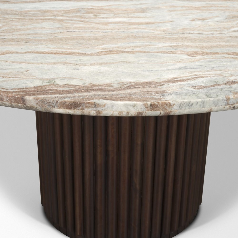 60" Gray Pastel Pink And Espresso Marble And Solid Wood Pedestal Base Round Top Dining Table