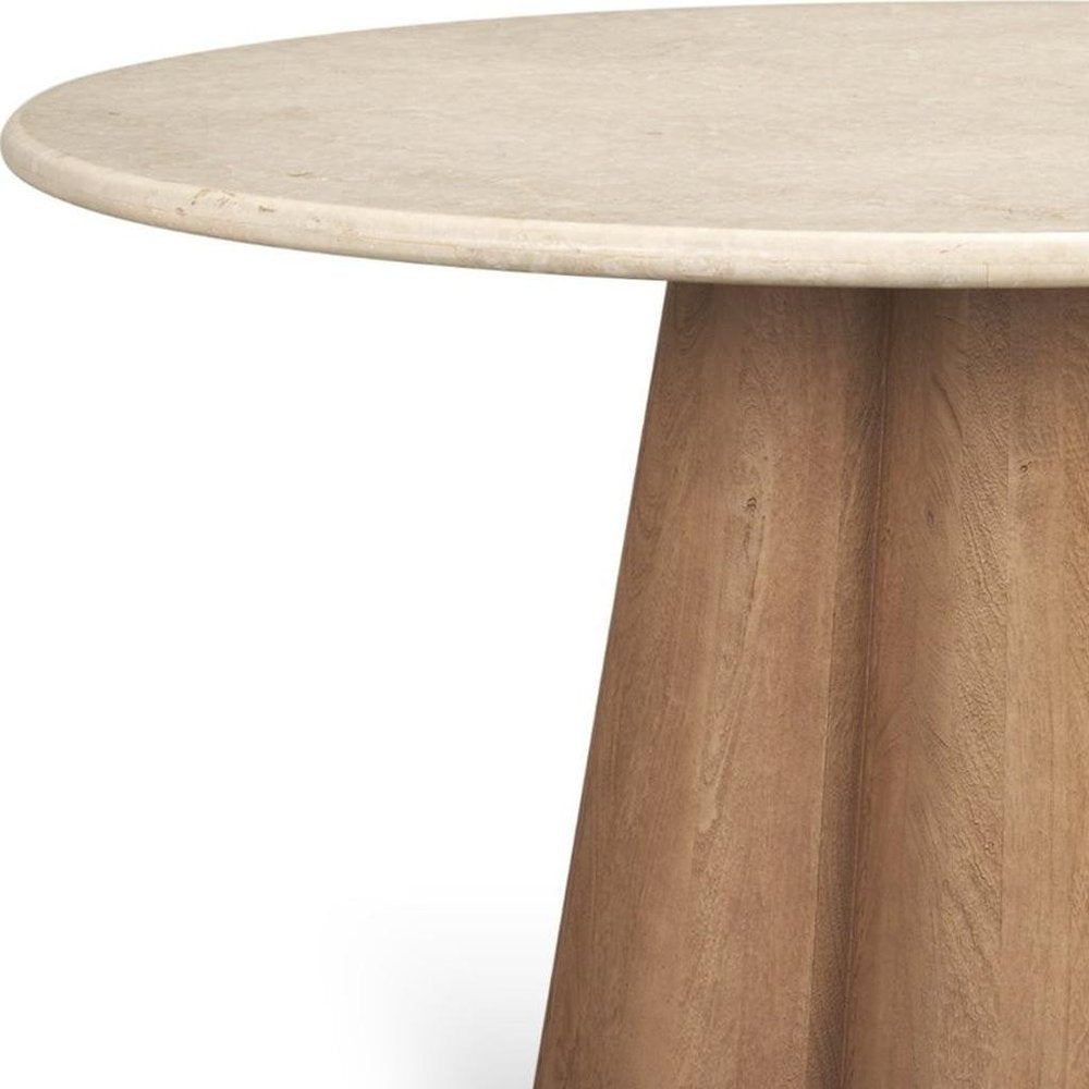 48" Beige And Light Brown Marble And Solid Wood Pedestal Base Round Top Dining Table