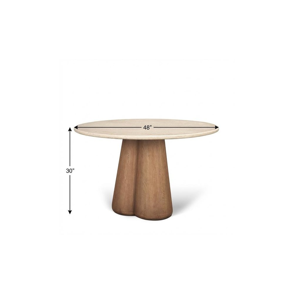 48" Beige And Light Brown Marble And Solid Wood Pedestal Base Round Top Dining Table
