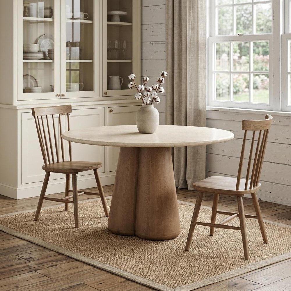 48" Beige And Light Brown Marble And Solid Wood Pedestal Base Round Top Dining Table