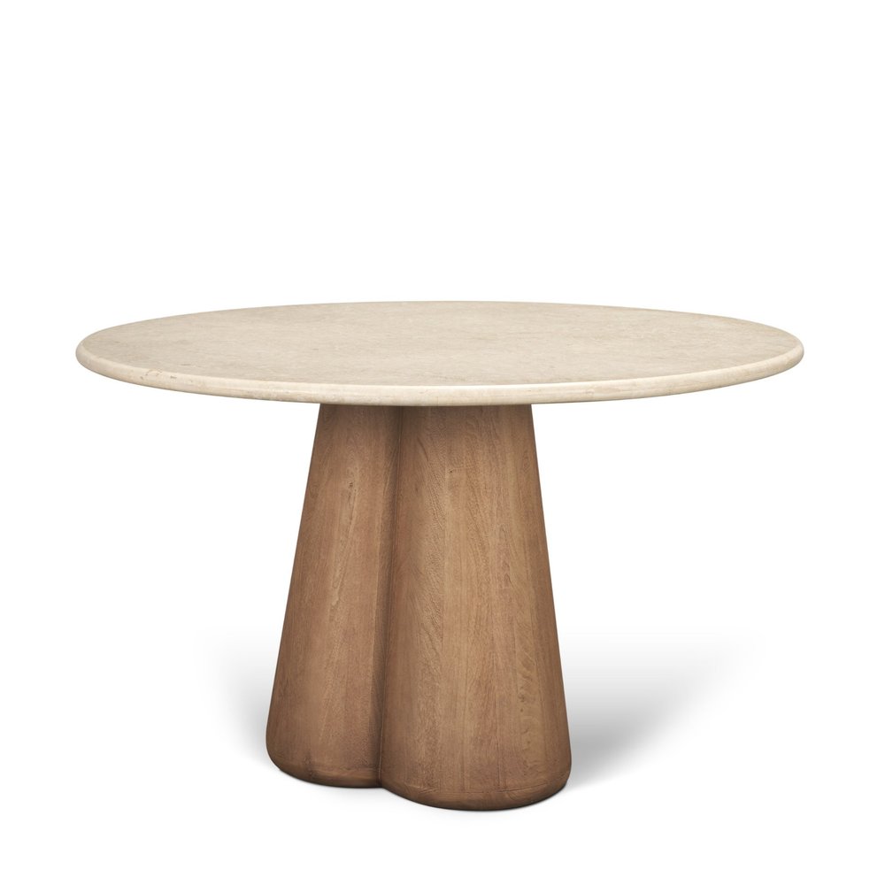 48" Beige And Light Brown Marble And Solid Wood Pedestal Base Round Top Dining Table