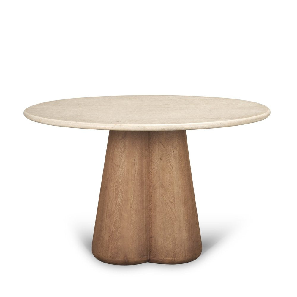 48" Beige And Light Brown Marble And Solid Wood Pedestal Base Round Top Dining Table