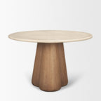 48" Beige And Light Brown Marble And Solid Wood Pedestal Base Round Top Dining Table