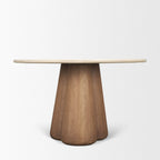 48" Beige And Light Brown Marble And Solid Wood Pedestal Base Round Top Dining Table