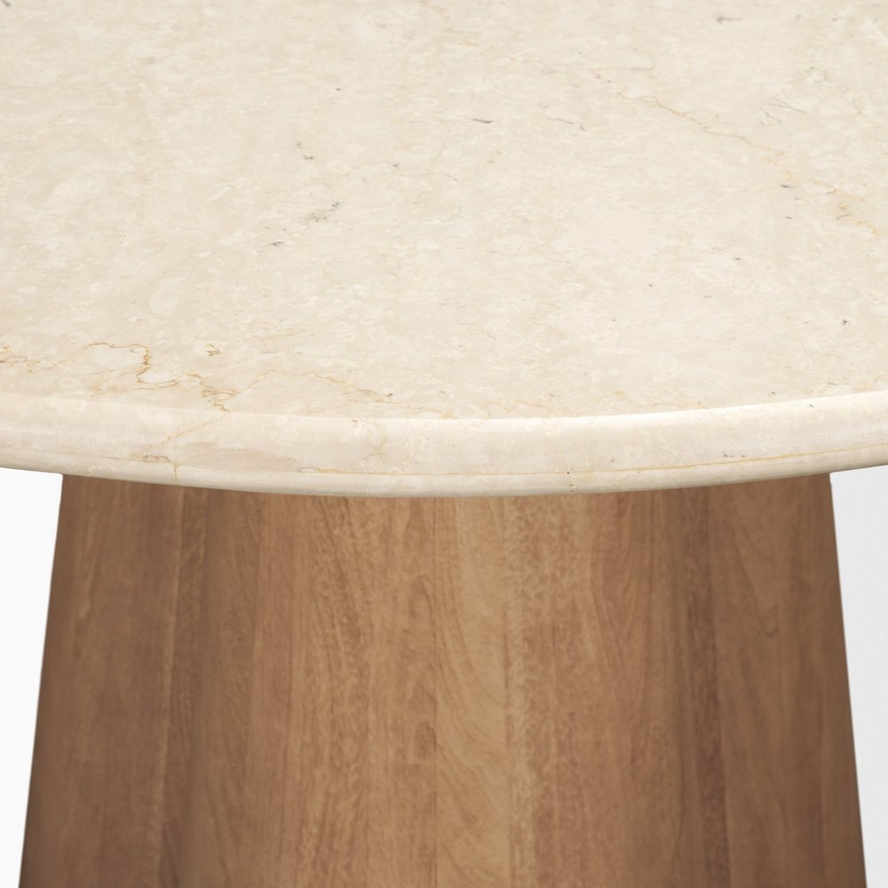48" Beige And Light Brown Marble And Solid Wood Pedestal Base Round Top Dining Table
