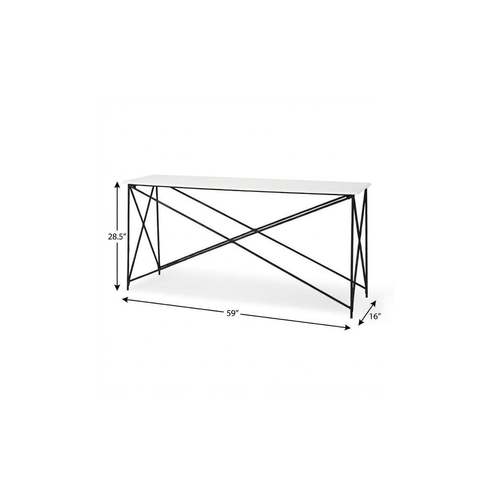 59" White and Black Genuine Marble and Metal Console Table